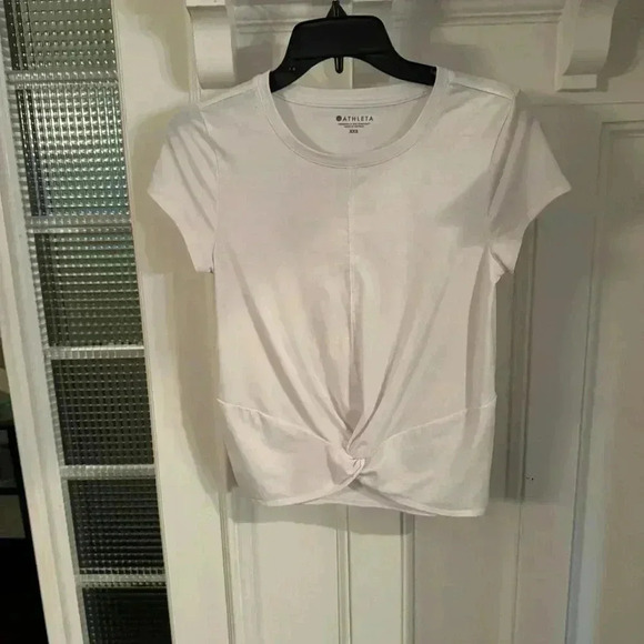 ATHLETA Womens S Essence Tee Cap Sleeve Twist  front  Short Sleeve dark Pink - Picture 2 of 8